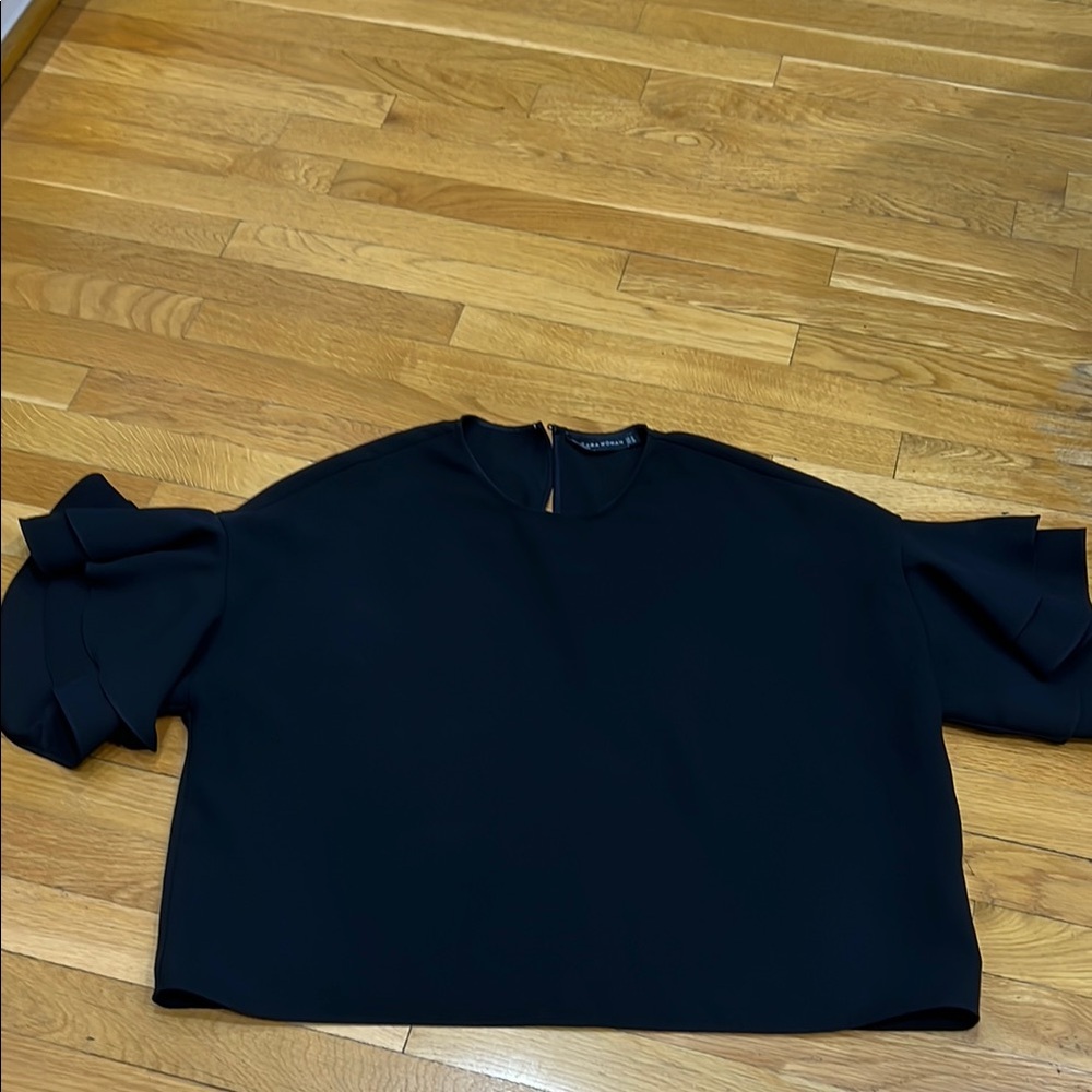 Zara Blue Boxy Cut Out Short Sleeve Sweatshirt